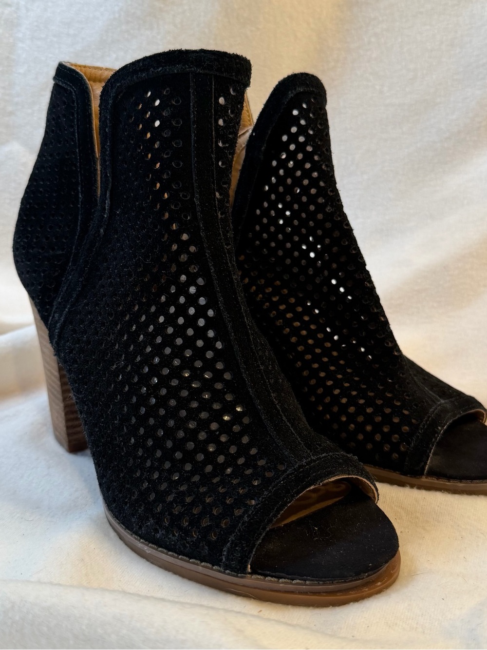 Lucky Brand Black Perforated Peep-Toe Chunky Heel Booties
